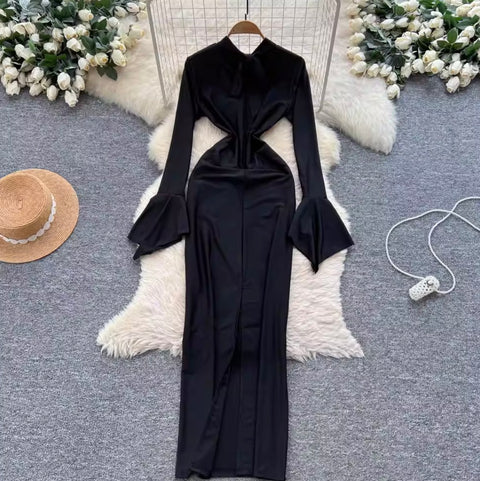 Flared Sleeve Slim-fit Black Dress