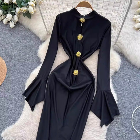 Flared Sleeve Slim-fit Black Dress