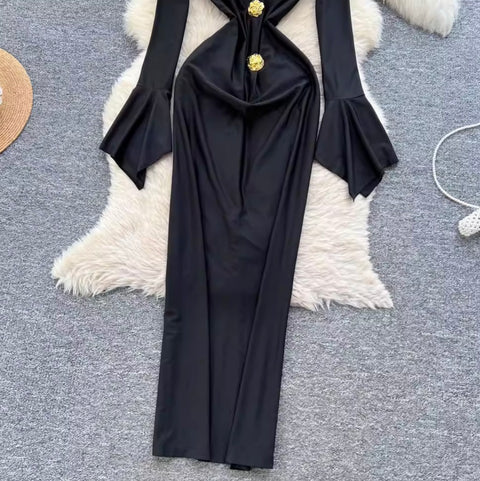 Flared Sleeve Slim-fit Black Dress