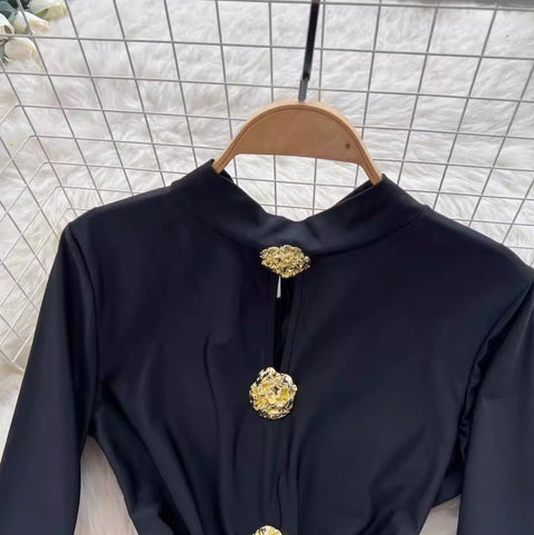 Flared Sleeve Slim-fit Black Dress