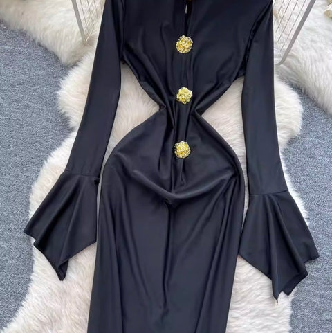 Flared Sleeve Slim-fit Black Dress