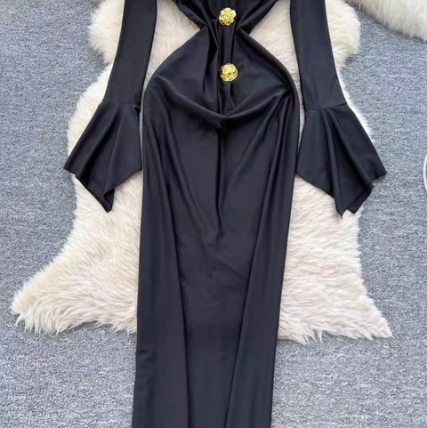 Flared Sleeve Slim-fit Black Dress