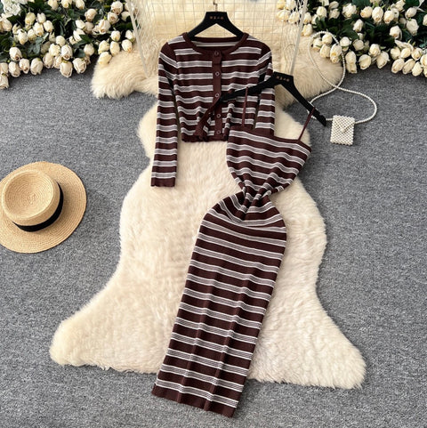 Cardigan & Slip Dress Striped 2Pcs
