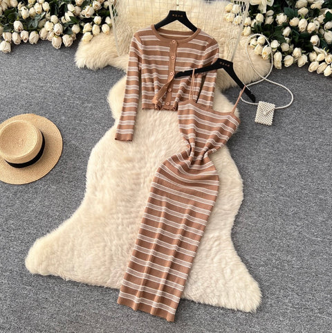 Cardigan & Slip Dress Striped 2Pcs