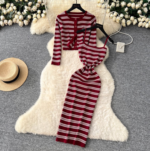 Cardigan & Slip Dress Striped 2Pcs