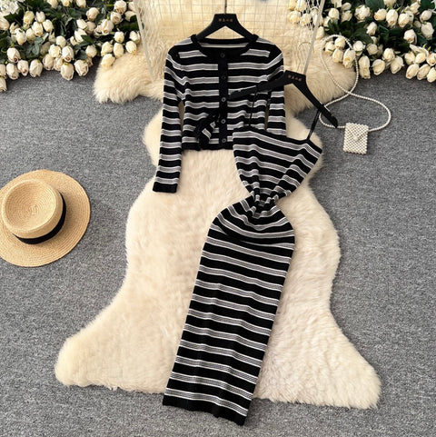 Cardigan & Slip Dress Striped 2Pcs