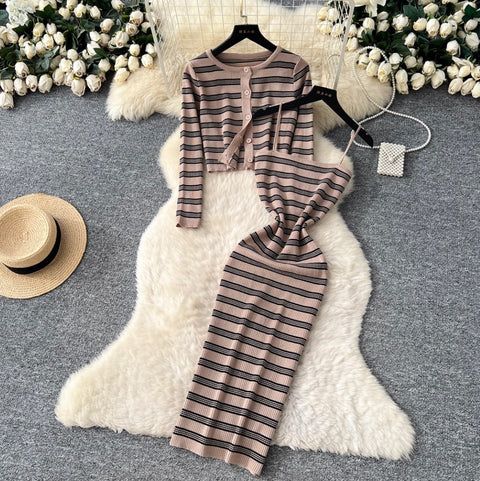 Cardigan & Slip Dress Striped 2Pcs
