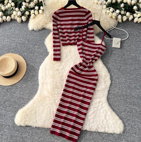 Cardigan & Slip Dress Striped 2Pcs
