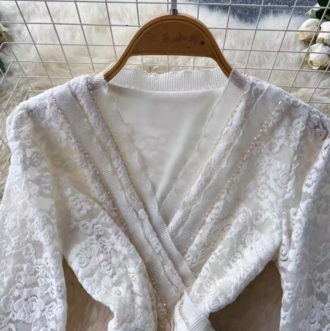 V-neck Top & Skirt Lace 2Pcs