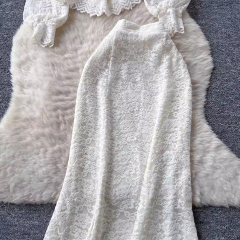 V-neck Top & Skirt Lace 2Pcs