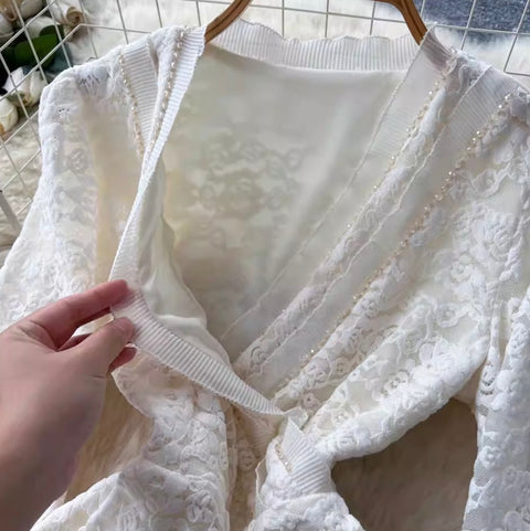 V-neck Top & Skirt Lace 2Pcs