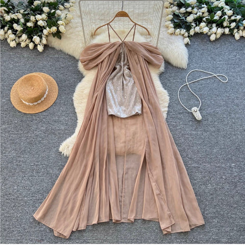 Irregular Design Sequined Halter Dress