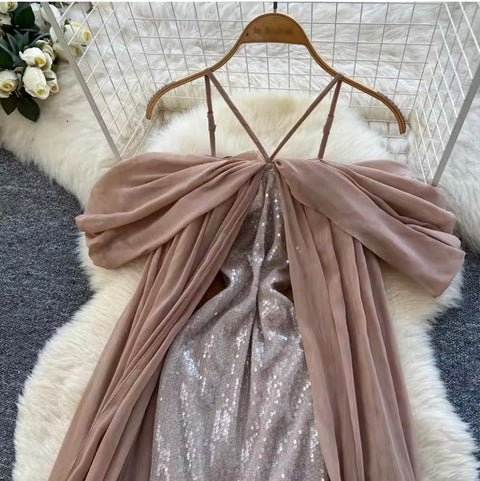 Irregular Design Sequined Halter Dress