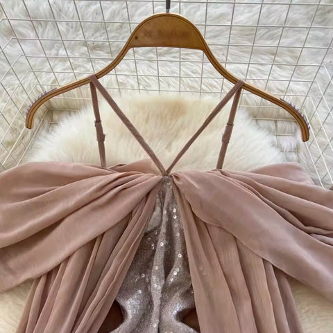 Irregular Design Sequined Halter Dress