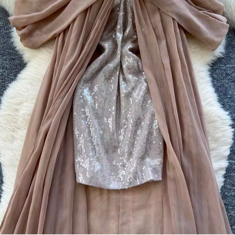 Irregular Design Sequined Halter Dress