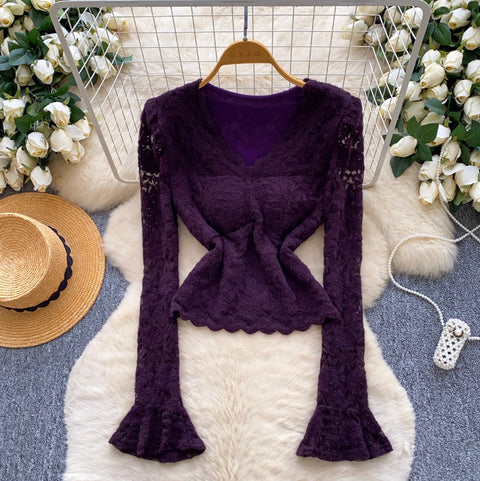 V-neck Padded Embroidered Lace Top