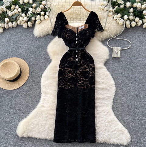 Elegant Square Collar Black Lace Dress