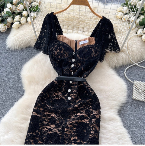 Elegant Square Collar Black Lace Dress