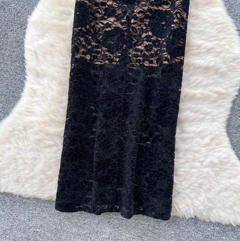 Elegant Square Collar Black Lace Dress