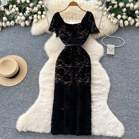 Elegant Square Collar Black Lace Dress