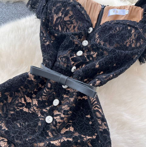 Elegant Square Collar Black Lace Dress