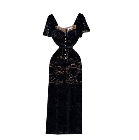 Elegant Square Collar Black Lace Dress