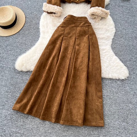 Fuffy Jacket & Pleated Skirt 2Pcs