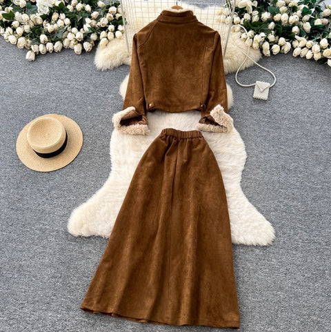 Fuffy Jacket & Pleated Skirt 2Pcs