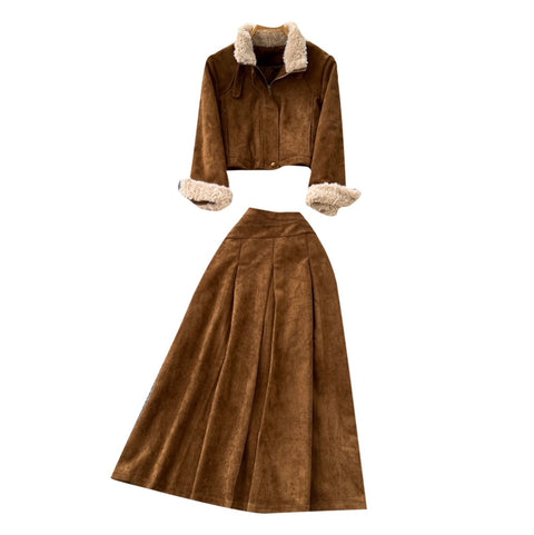 Fuffy Jacket & Pleated Skirt 2Pcs