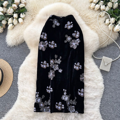 Delicate Floral Sequined Suede Skirt