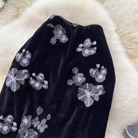 Delicate Floral Sequined Suede Skirt