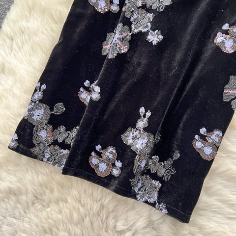 Delicate Floral Sequined Suede Skirt