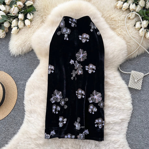 Delicate Floral Sequined Suede Skirt