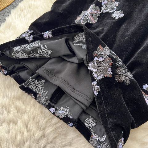 Delicate Floral Sequined Suede Skirt