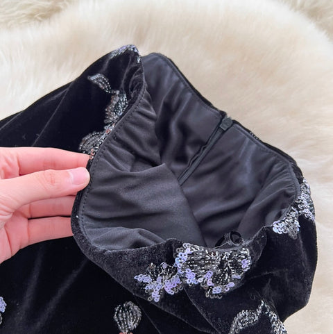 Delicate Floral Sequined Suede Skirt
