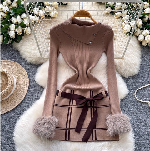 Slant Neckline Furry Knitted Dress