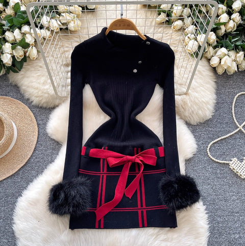 Slant Neckline Furry Knitted Dress