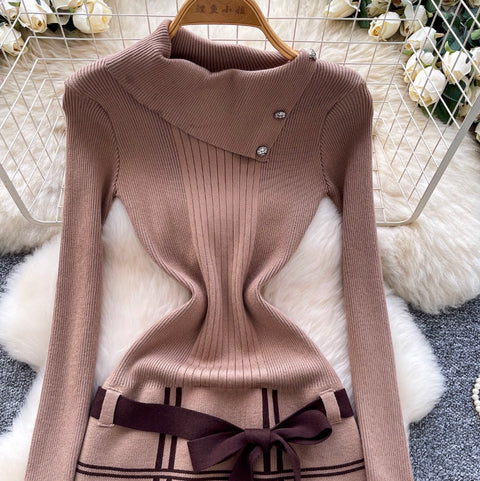 Slant Neckline Furry Knitted Dress