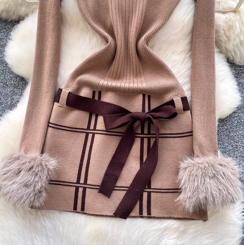 Slant Neckline Furry Knitted Dress