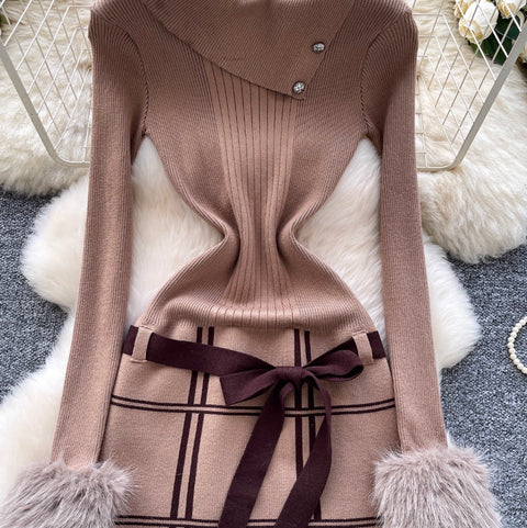 Slant Neckline Furry Knitted Dress