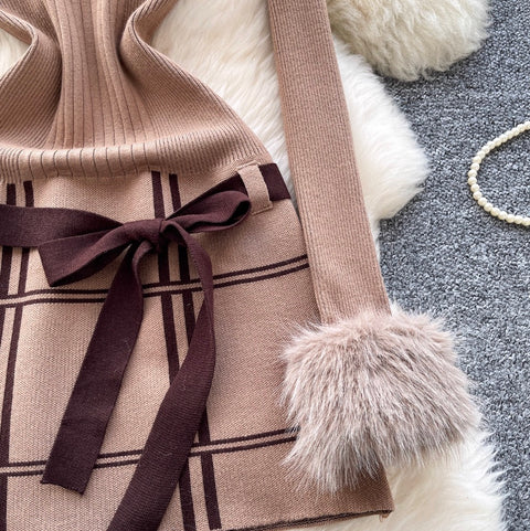 Slant Neckline Furry Knitted Dress
