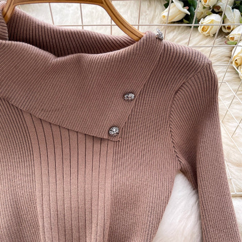 Slant Neckline Furry Knitted Dress