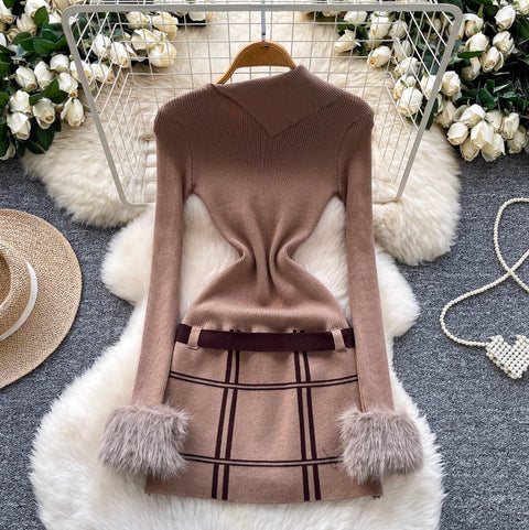 Slant Neckline Furry Knitted Dress