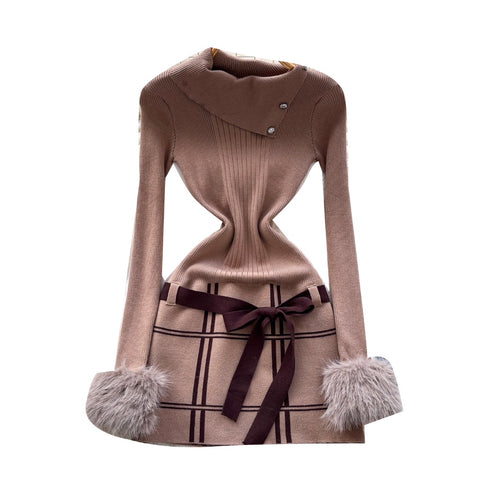Slant Neckline Furry Knitted Dress