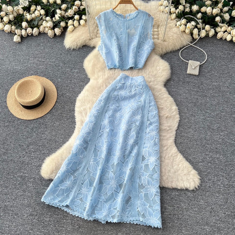 Hollowed Top & Skirt Lace 2Pcs