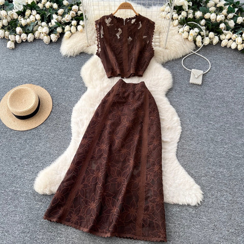 Hollowed Top & Skirt Lace 2Pcs