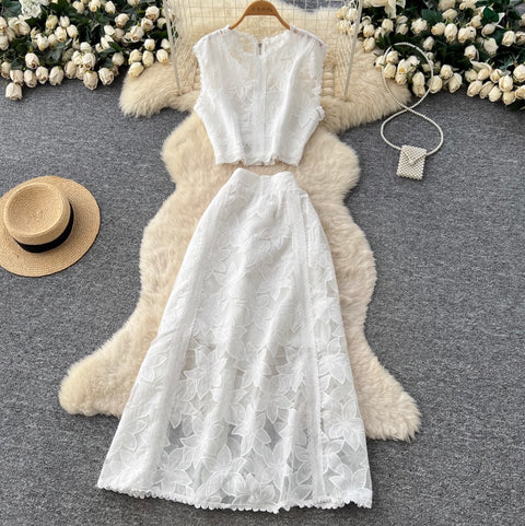 Hollowed Top & Skirt Lace 2Pcs