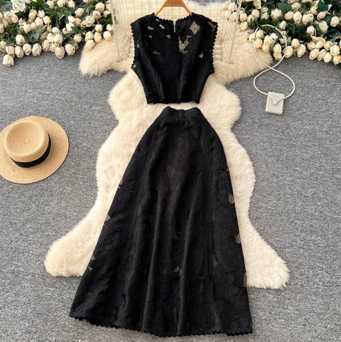 Hollowed Top & Skirt Lace 2Pcs