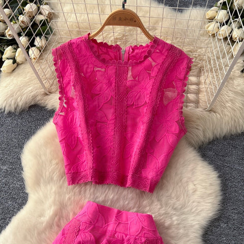 Hollowed Top & Skirt Lace 2Pcs