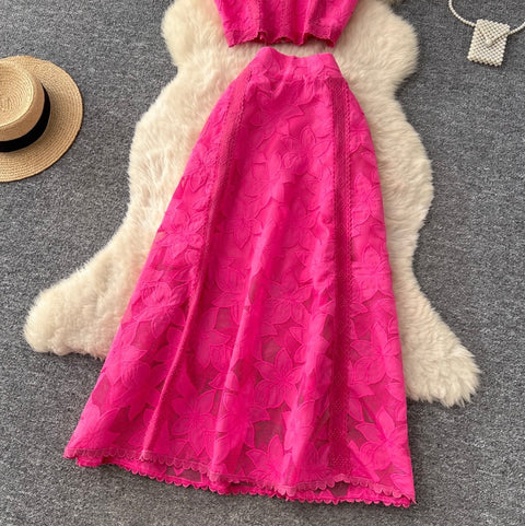 Hollowed Top & Skirt Lace 2Pcs